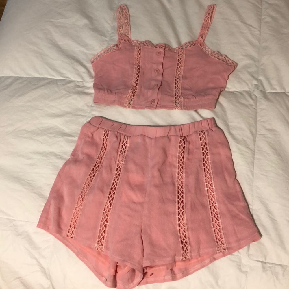 Pink matching set w/ shorts & button up top